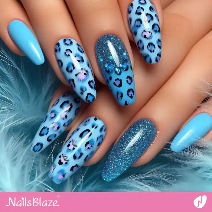 Glossy Blue Leopard Print Nails with Confetti Design | Animal Print Nails - NB2619
